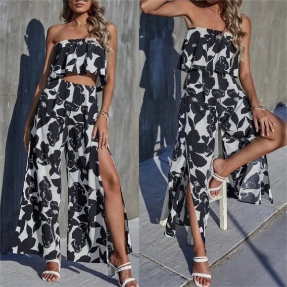 . Pants - Boho Floral sleeveless Tube Top And Pants Set cottagecore Black White